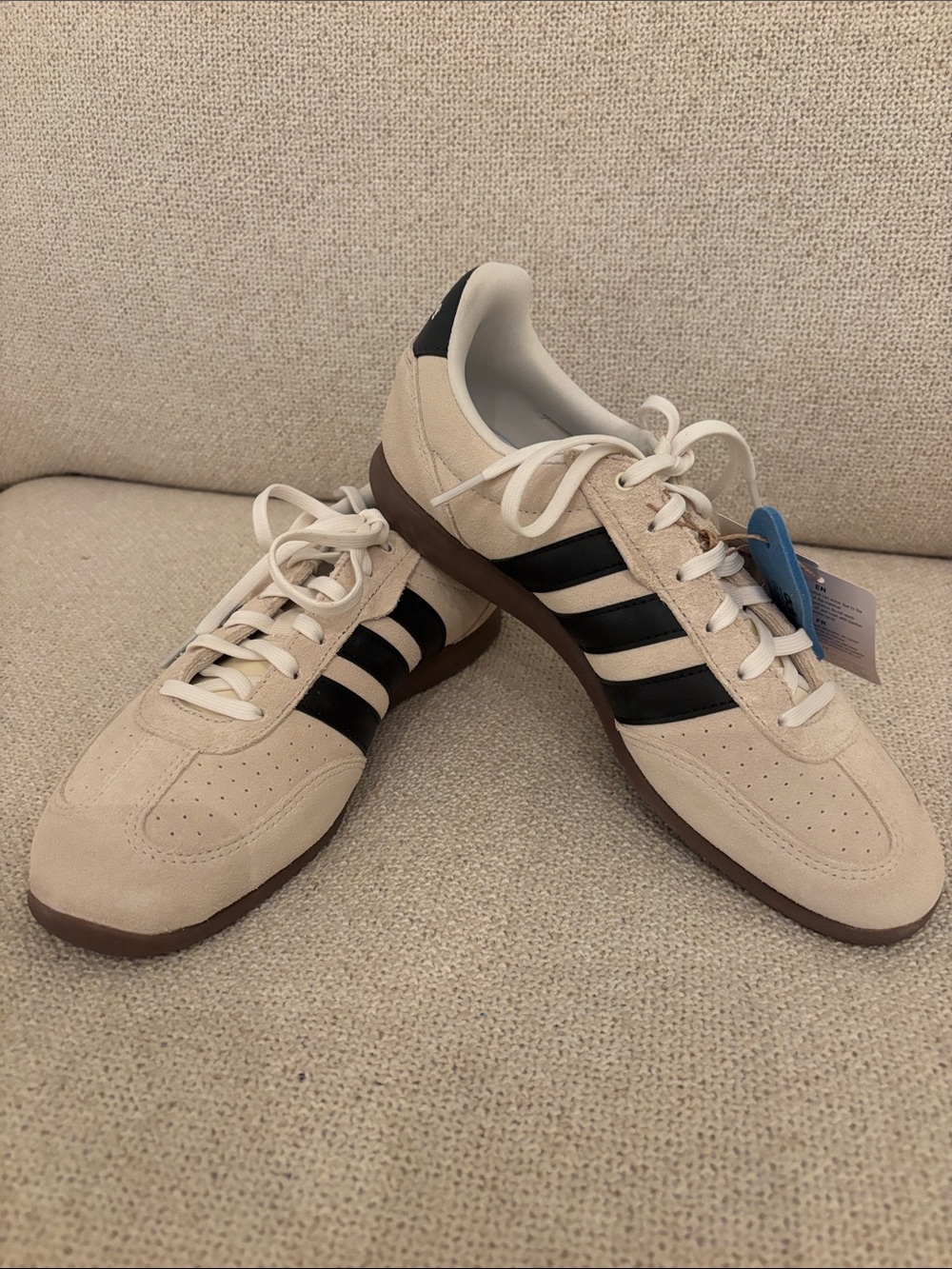 NWT Adidas Woman’s Beige Suede Sneakers with Black Stripes and Brown Sole